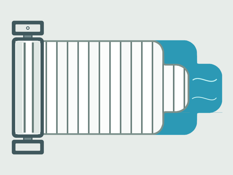 Vista de la configuración final de Cubierta de Lamas e-Classic para la piscina Alfa 8 Multiforma